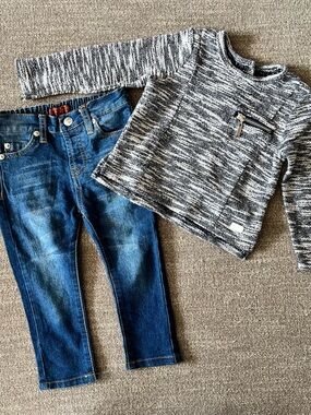 7 For All Mankind Kids Gray Marled Sweater with Dark Blue Jeans